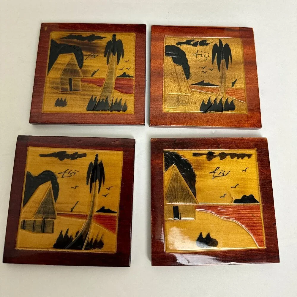 Vintage Bula Fiji Wood Carving Tropical Scene Set of 4 Carved Wooden Coaster